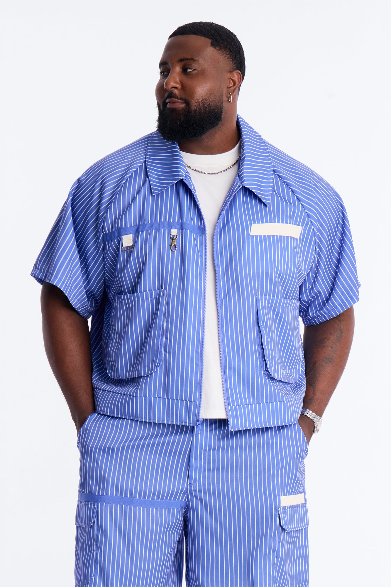 Boxy Cropped Desert Dunes Striped Button Up Shirt - Blue Fashion Nova