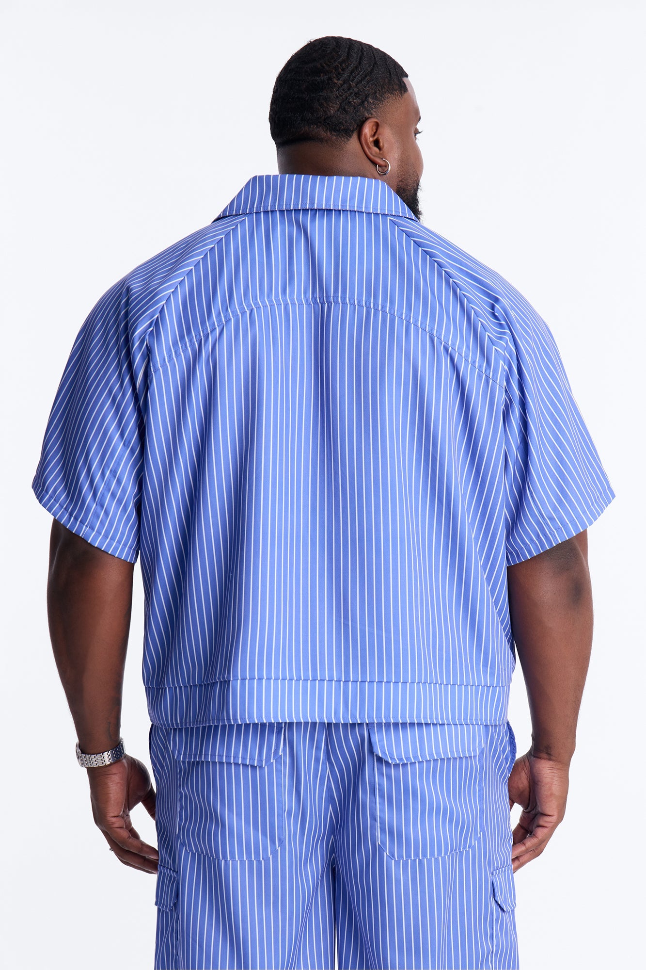 Boxy Cropped Desert Dunes Striped Button Up Shirt - Blue Fashion Nova