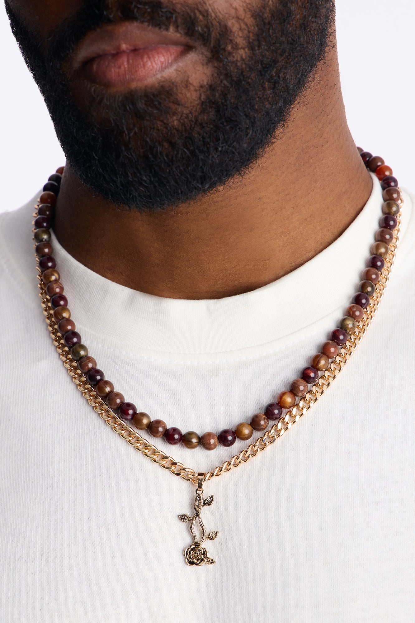 Layered Cuban Rose And Beaded Necklace Set - Gold/combo Fashion Nova