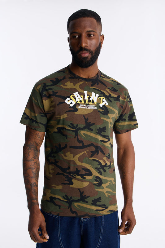 Welcome To Saint Authority Oversized Short Sleeve Tee - Camouflage Fashion Nova