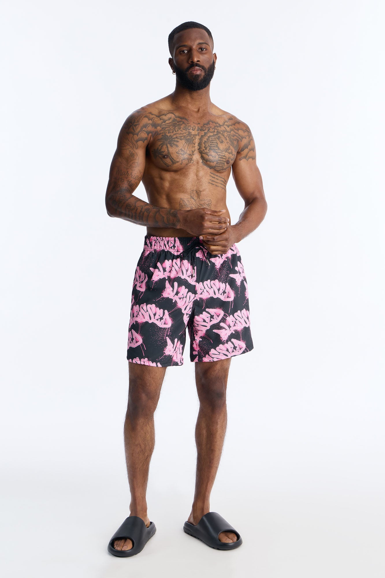 Blessed Street Graffiti Printed Swim Trunk 7″ - Black/Pink Fashion Nova