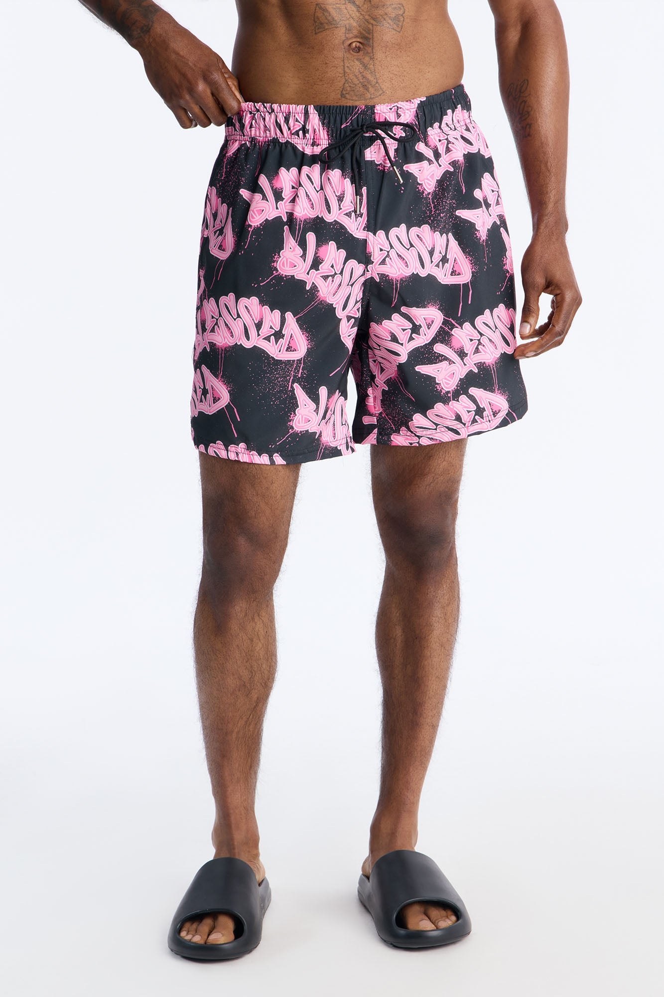 Blessed Street Graffiti Printed Swim Trunk 7″ - Black/Pink Fashion Nova