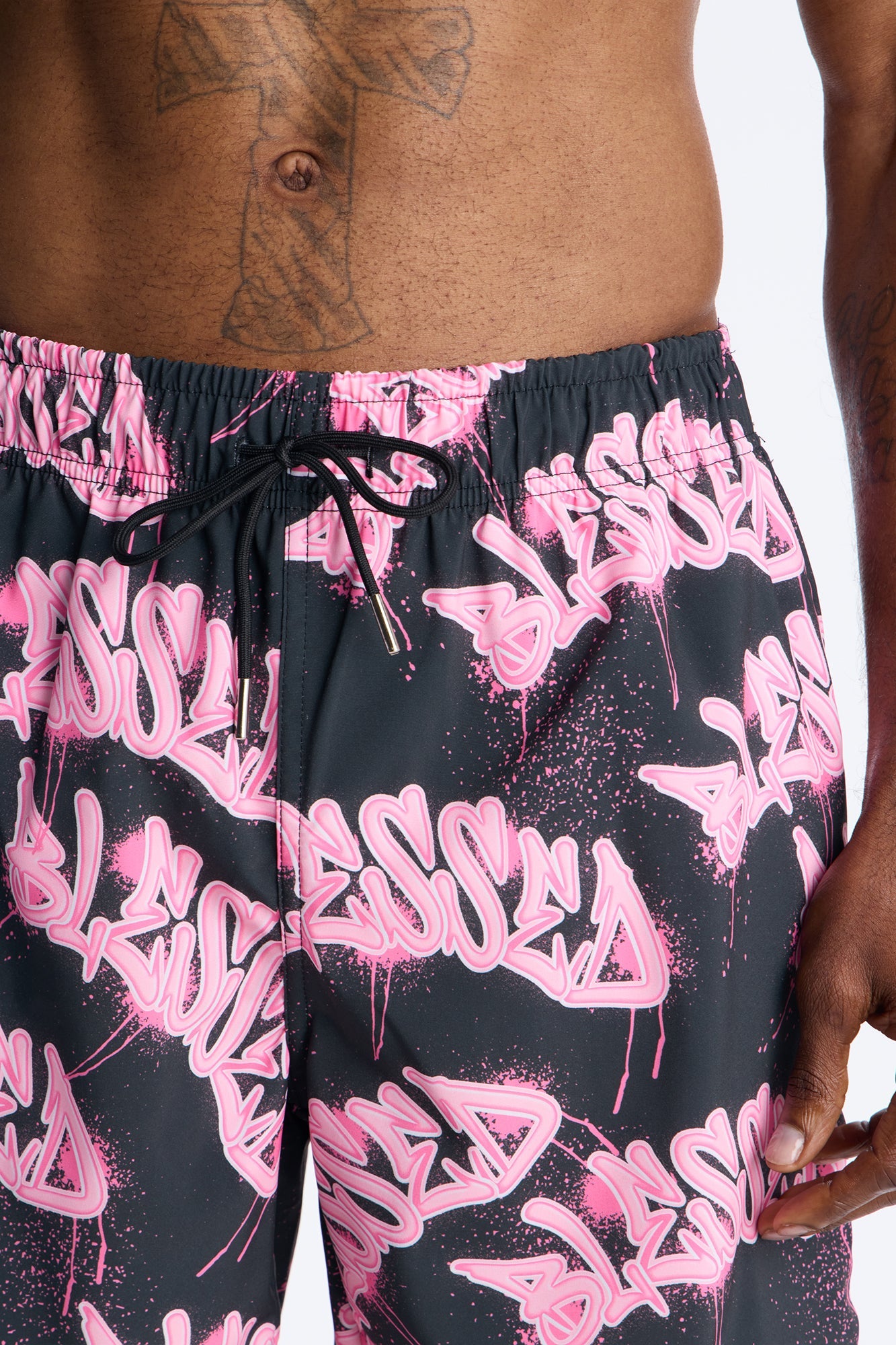 Blessed Street Graffiti Printed Swim Trunk 7″ - Black/Pink Fashion Nova