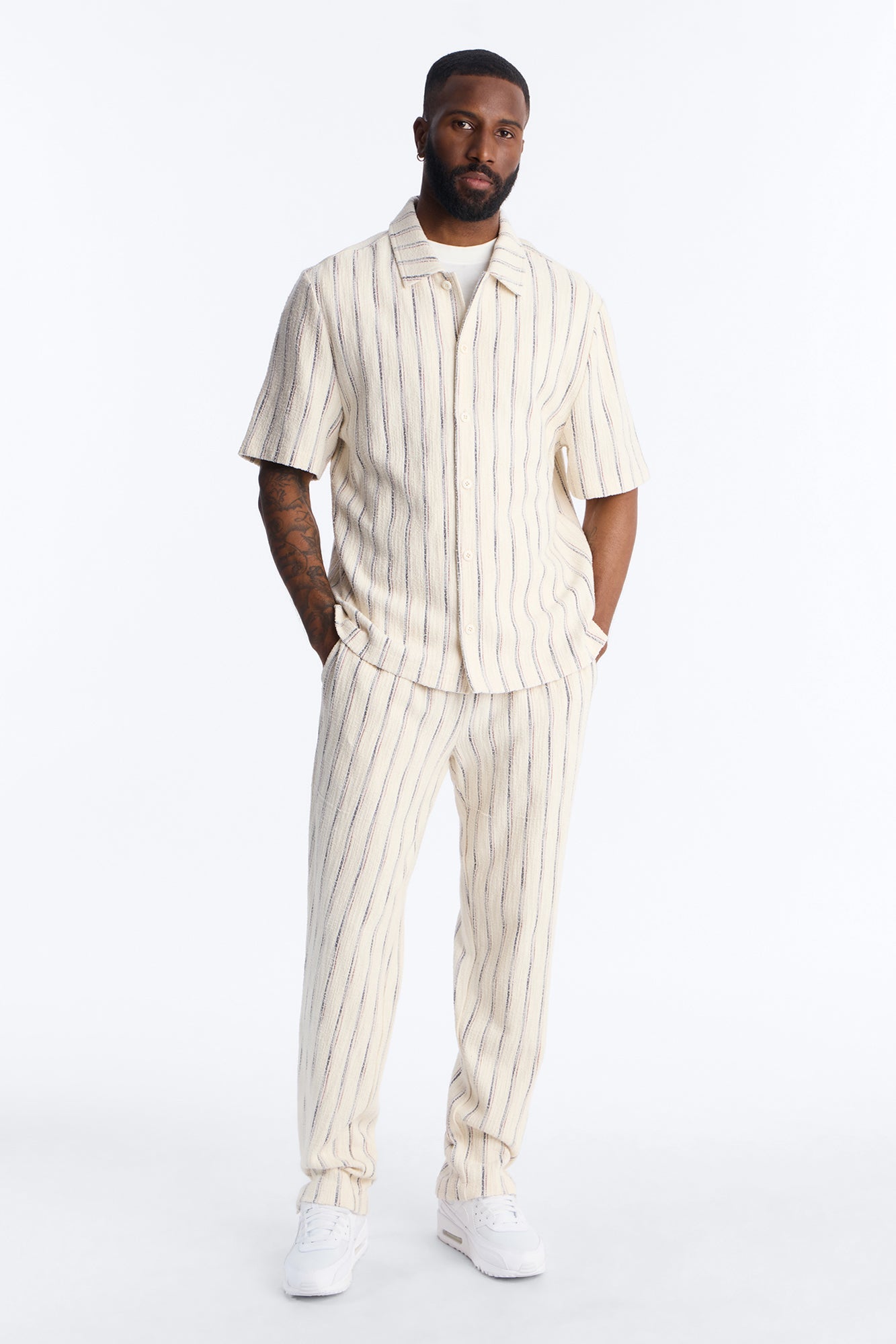 Slim Caicos Textured Stripe Slit Pant - Cream Fashion Nova