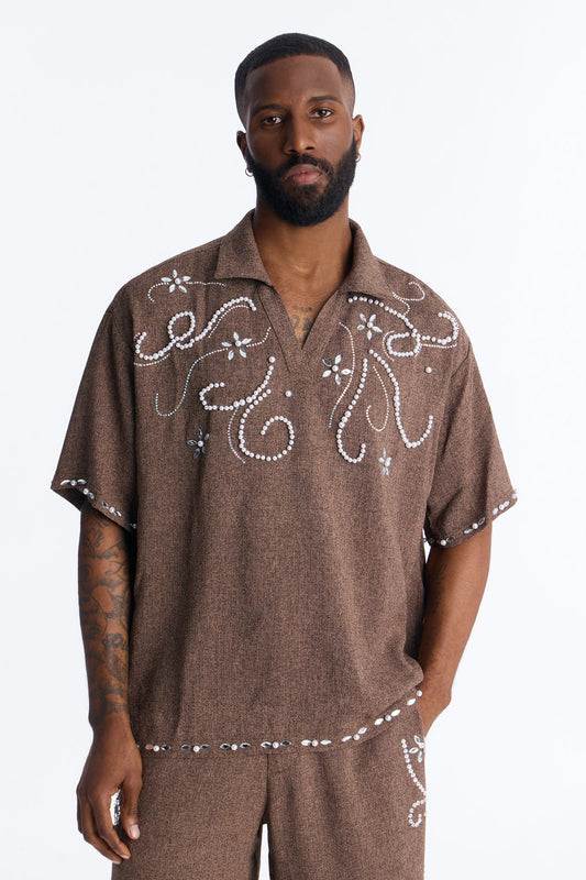 Wanderlust Pearl Journey Johnny Collar Polo - Brown Fashion Nova