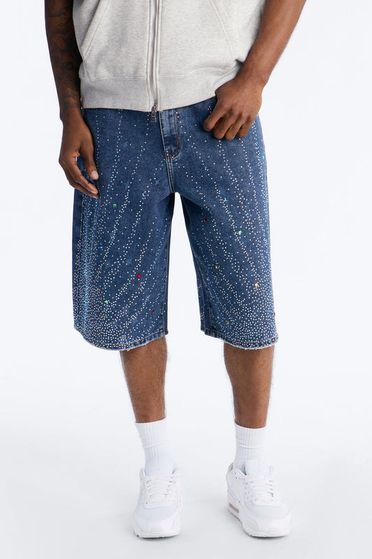 Baggy Cascade Jeweled Denim Shorts - Dark Wash Fashion Nova