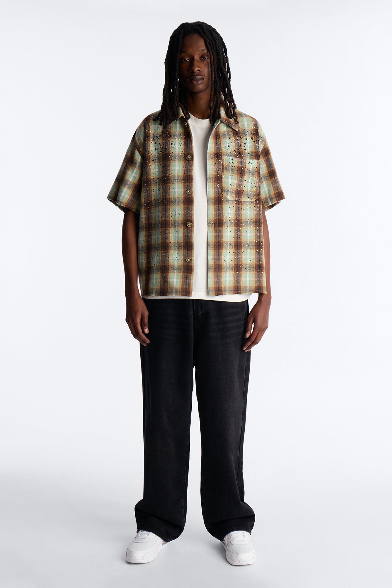Jeweled Plaid Raw Hem Button Up Shirt - Olive Fashion Nova