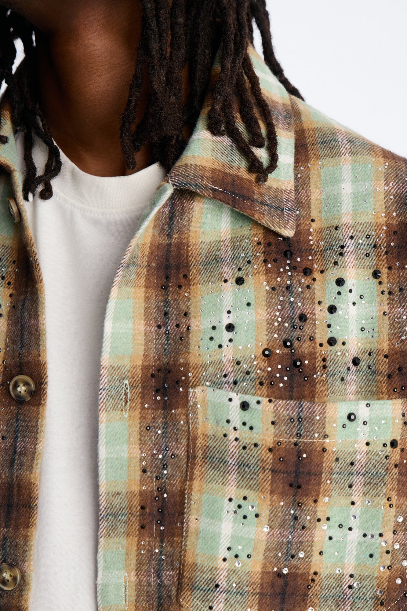 Jeweled Plaid Raw Hem Button Up Shirt - Olive Fashion Nova