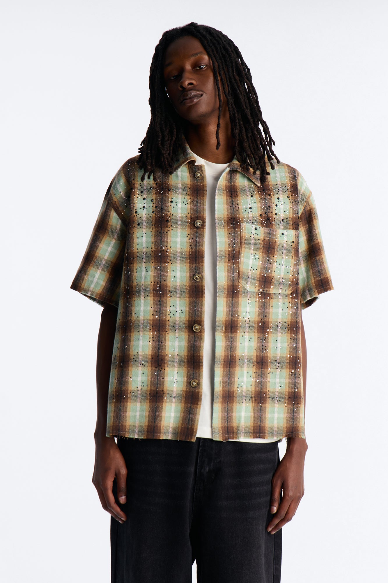Jeweled Plaid Raw Hem Button Up Shirt - Olive Fashion Nova