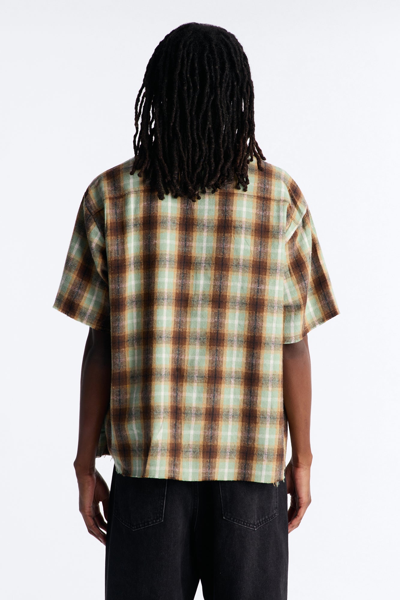 Jeweled Plaid Raw Hem Button Up Shirt - Olive Fashion Nova