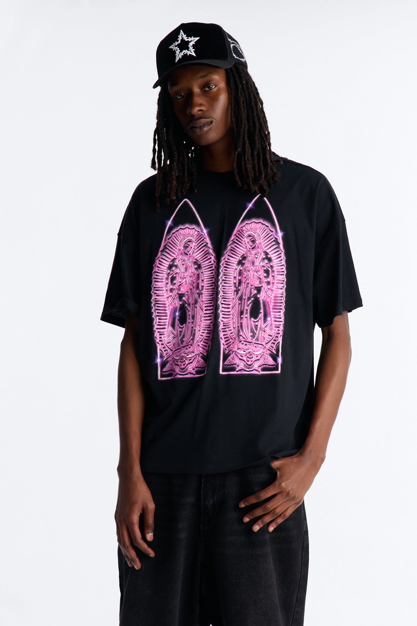 Mother Mary Protect Me Boxy Short Sleeve Tee - Black Fashion Nova