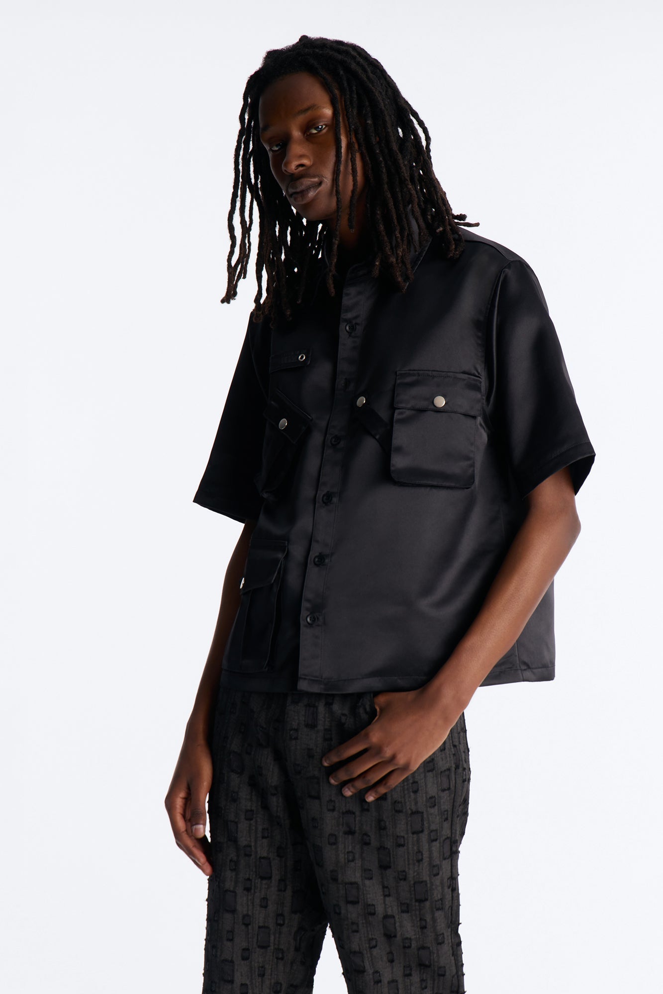 Boxy Tribeca Gloss Utility Shirt - Black Fashion Nova