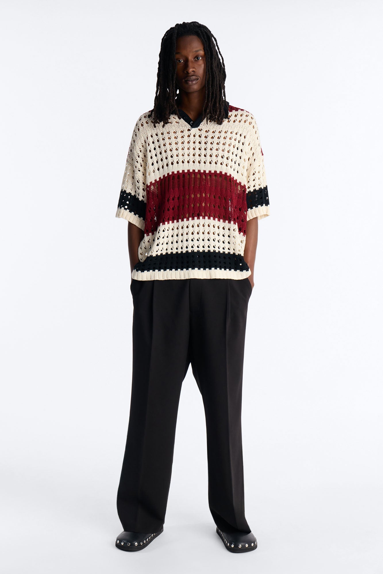 Weathered Stripe Knitted Polo - Burgundy Fashion Nova