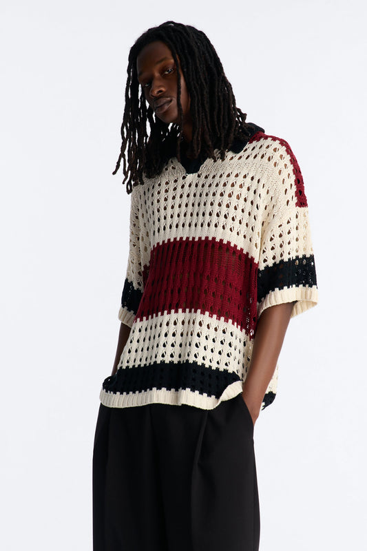 Weathered Stripe Knitted Polo - Burgundy Fashion Nova