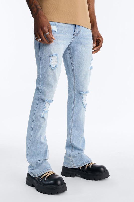 Essential Destroyed Stacked Slim Flare Stretch Jean - Light Blue Wash Fashion Nova