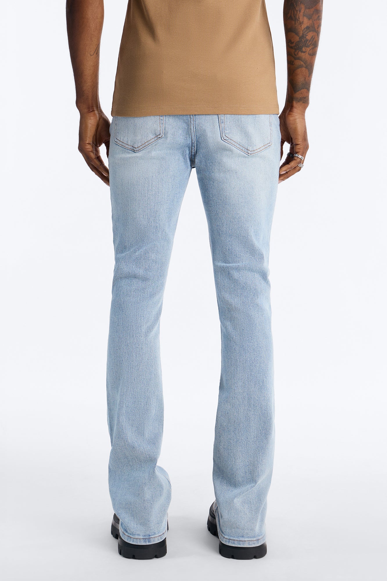 Essential Destroyed Stacked Slim Flare Stretch Jean - Light Blue Wash Fashion Nova