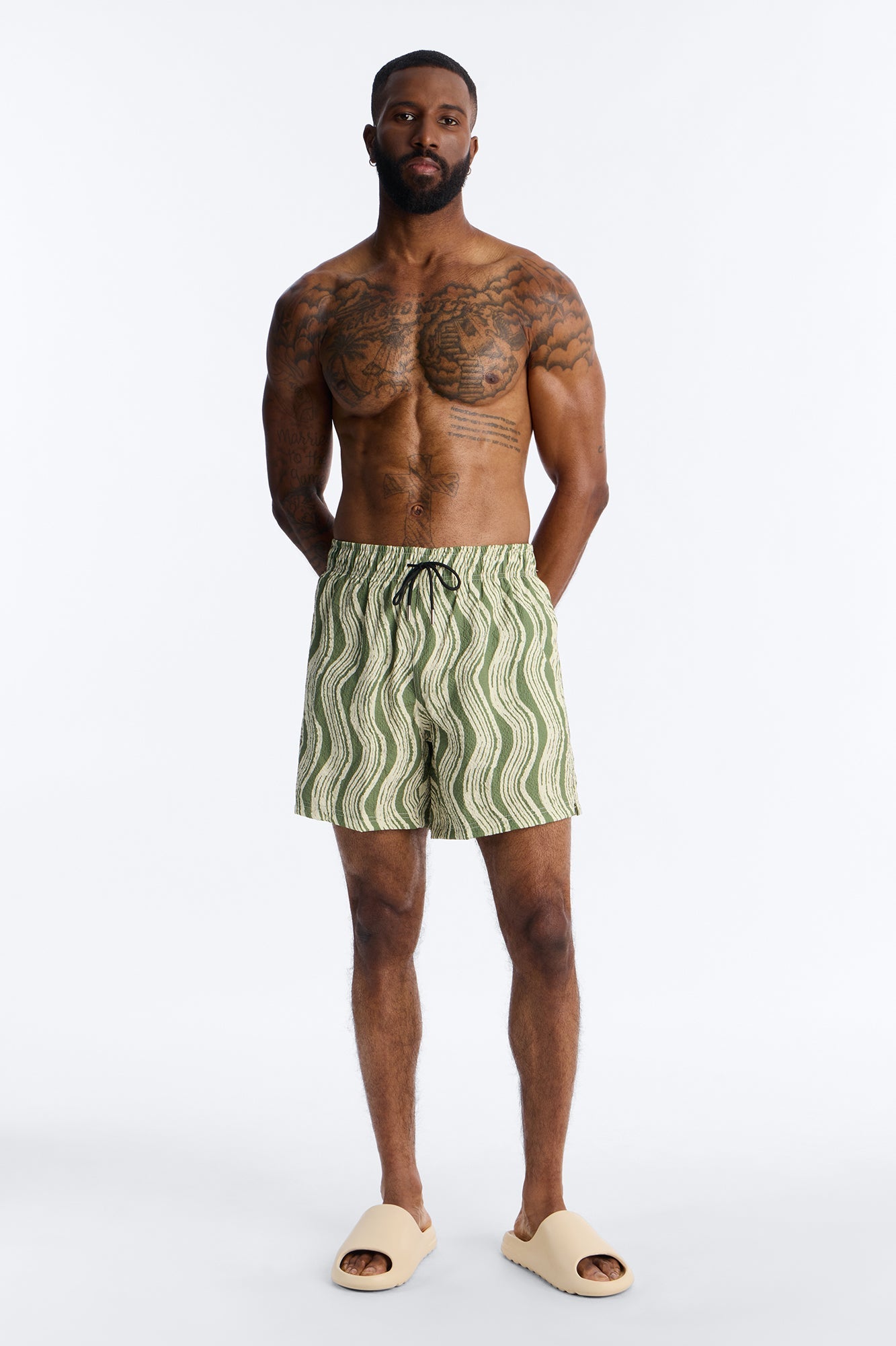 Wave Printed Seersucker Swim Trunk 6″ - Olive Fashion Nova