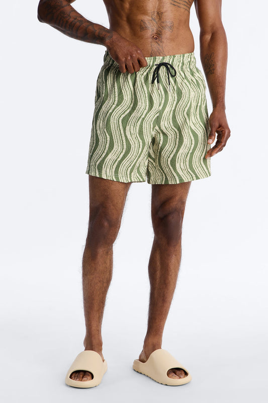 Wave Printed Seersucker Swim Trunk 6″ - Olive Fashion Nova