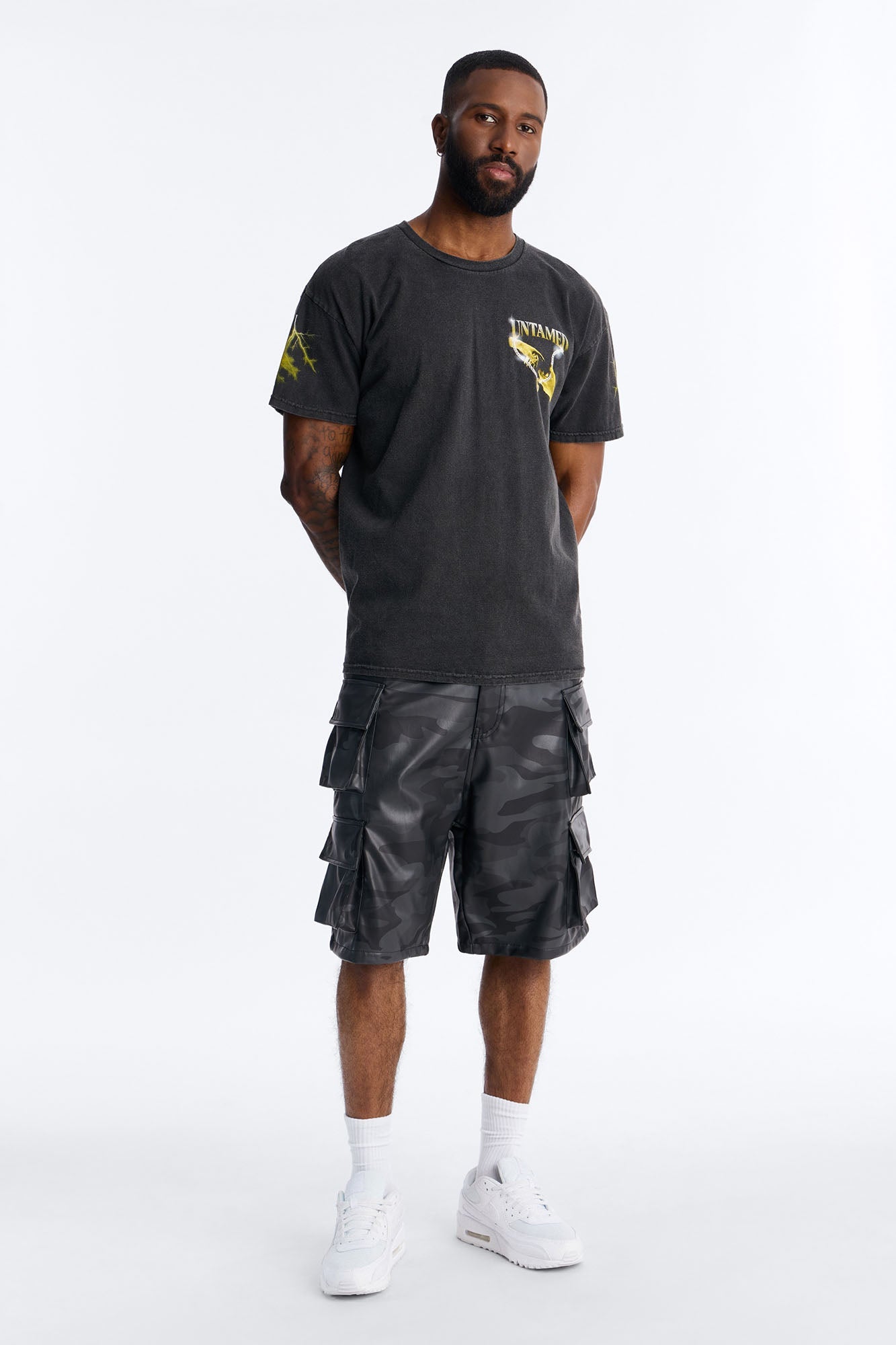 Faux Leather Camo Mirage Cargo Short - Grey Fashion Nova