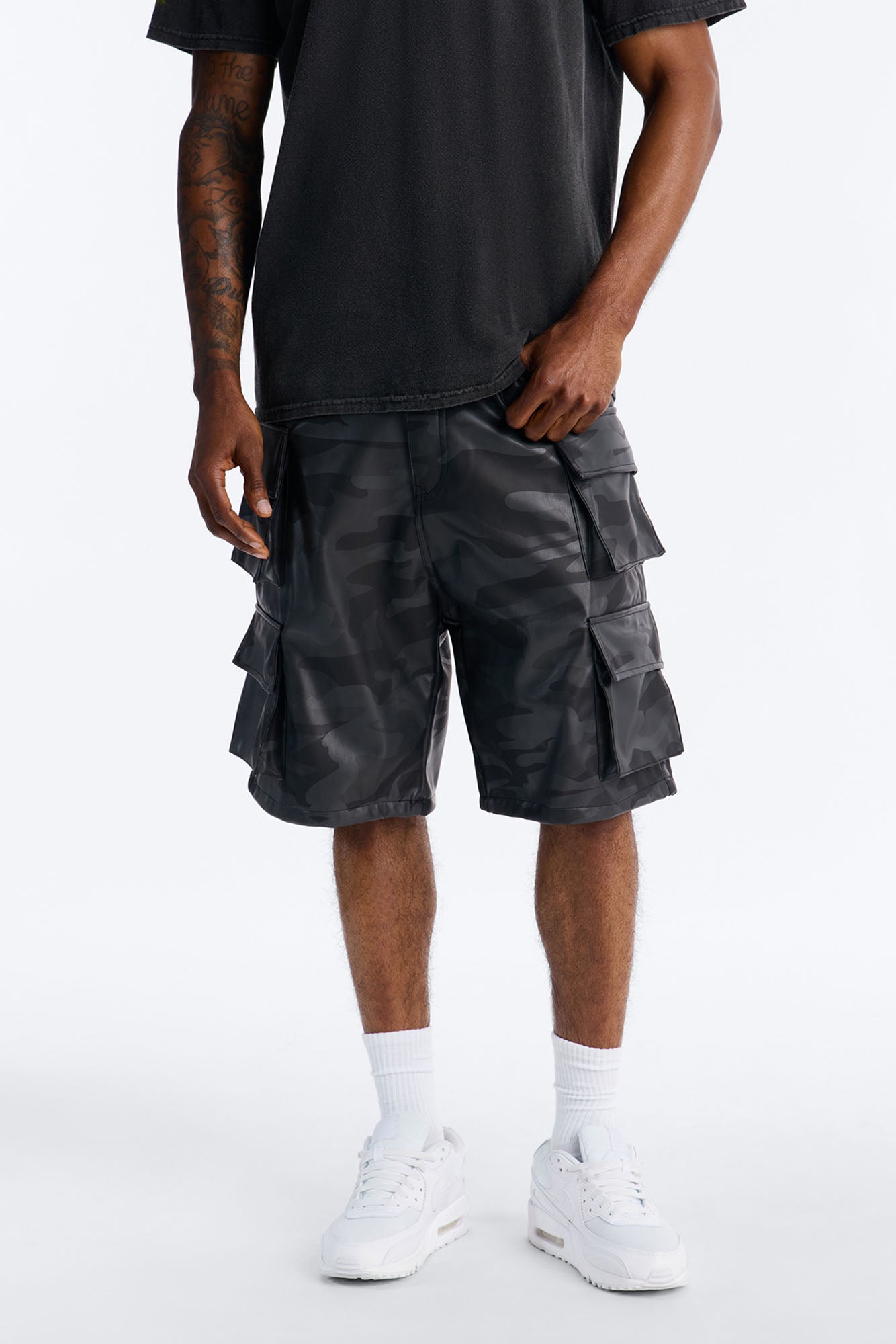 Faux Leather Camo Mirage Cargo Short - Grey Fashion Nova