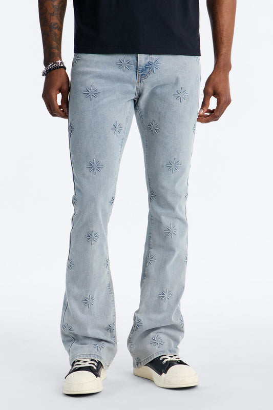 Stacked Slim Flare Embossed Supernova Jeans - Light Wash Fashion Nova