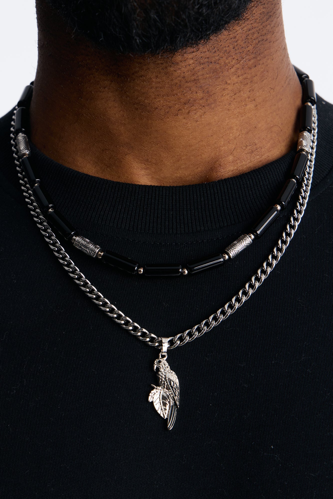 Layered Cuban Parrot And Beaded Necklace Set - Silver/Black Fashion Nova