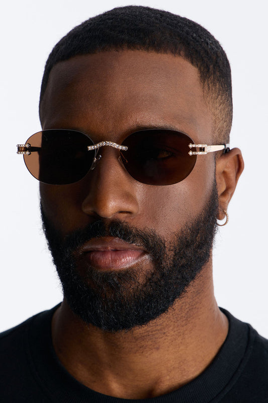 Embellished Round Frameless Metal Sunglasses - Gold/Brown Fashion Nova