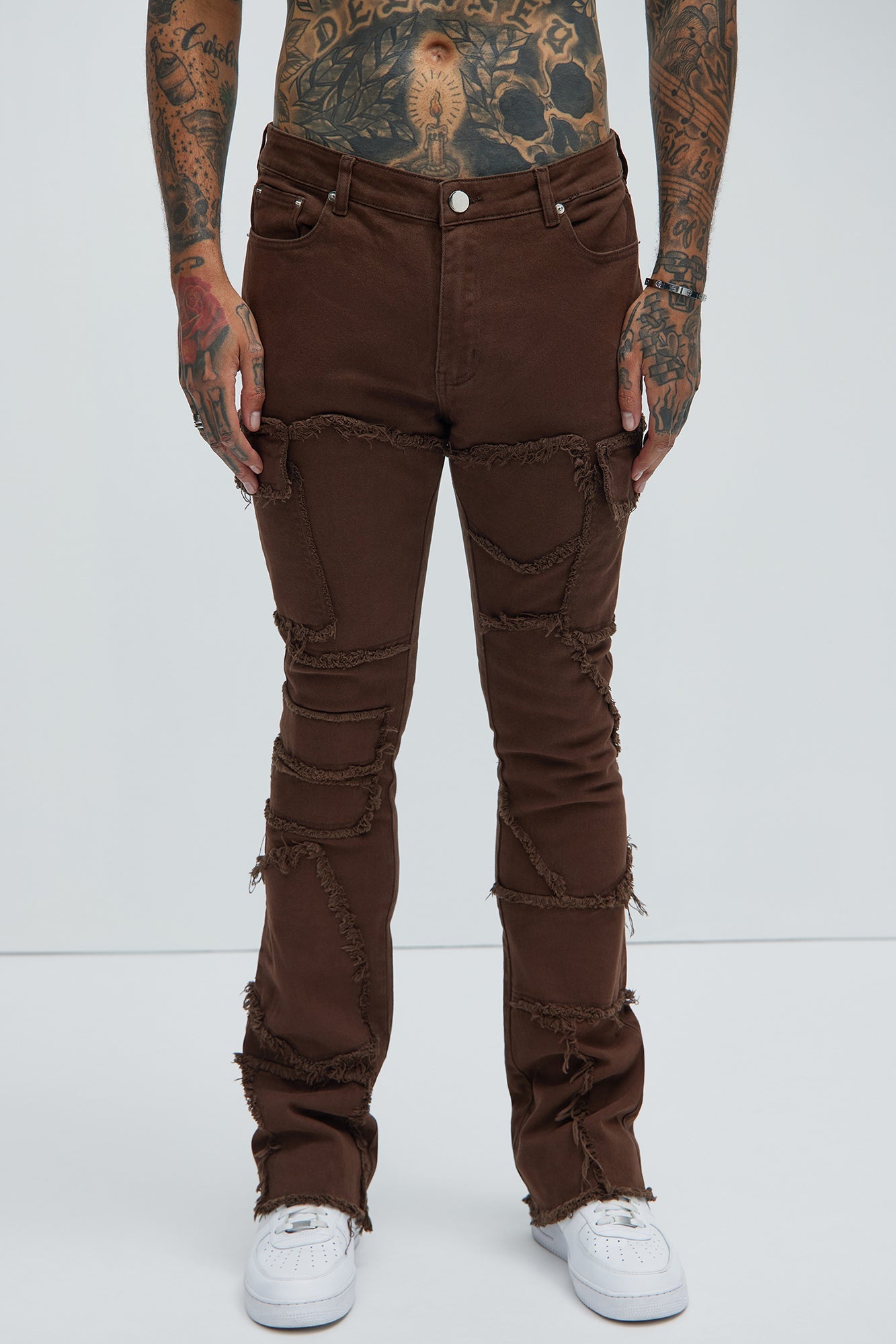 Trapping Frayed Stacked Skinny Flare Pants - Chocolate Fashion Nova