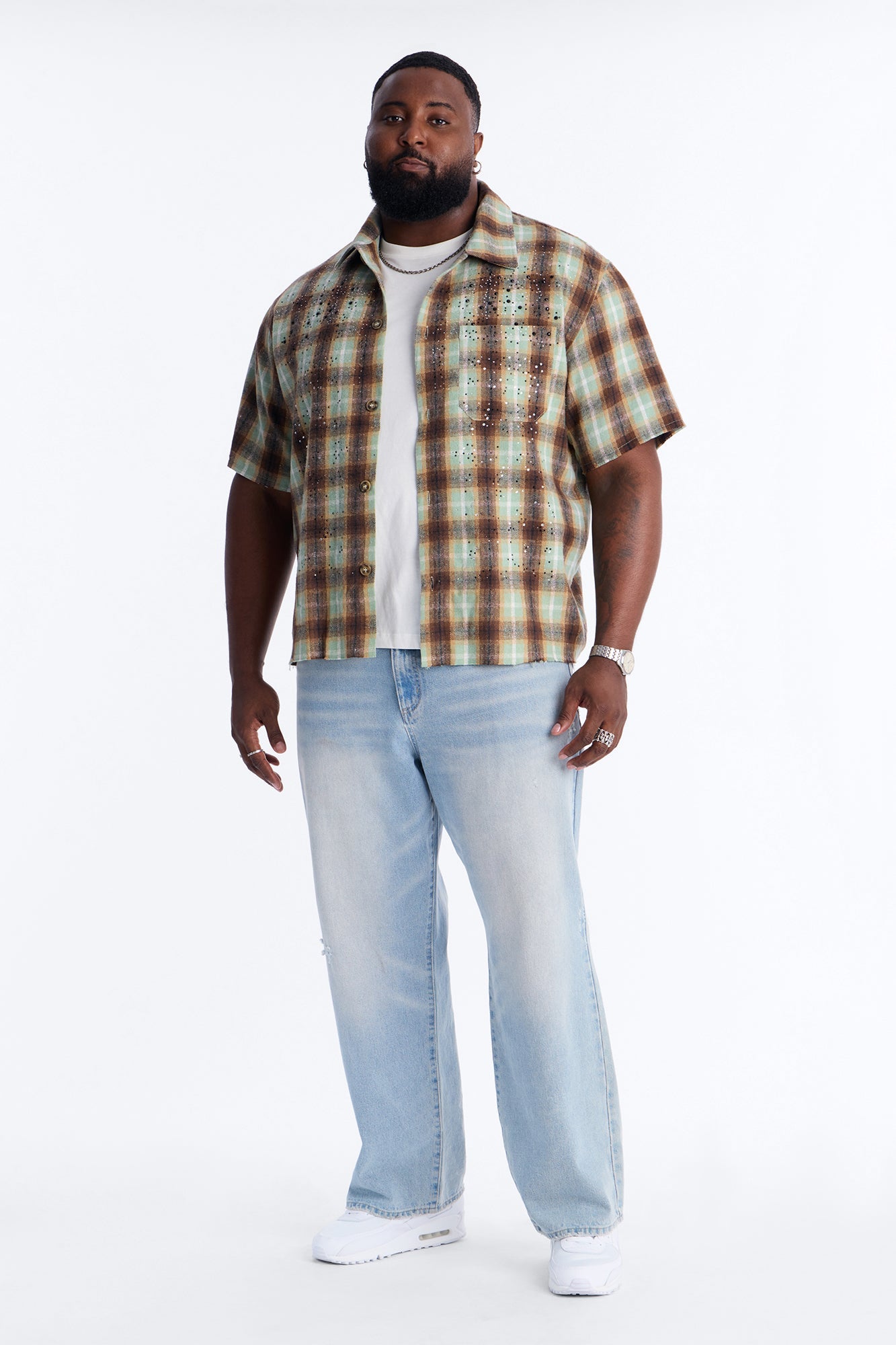 Jeweled Plaid Raw Hem Button Up Shirt - Olive Fashion Nova