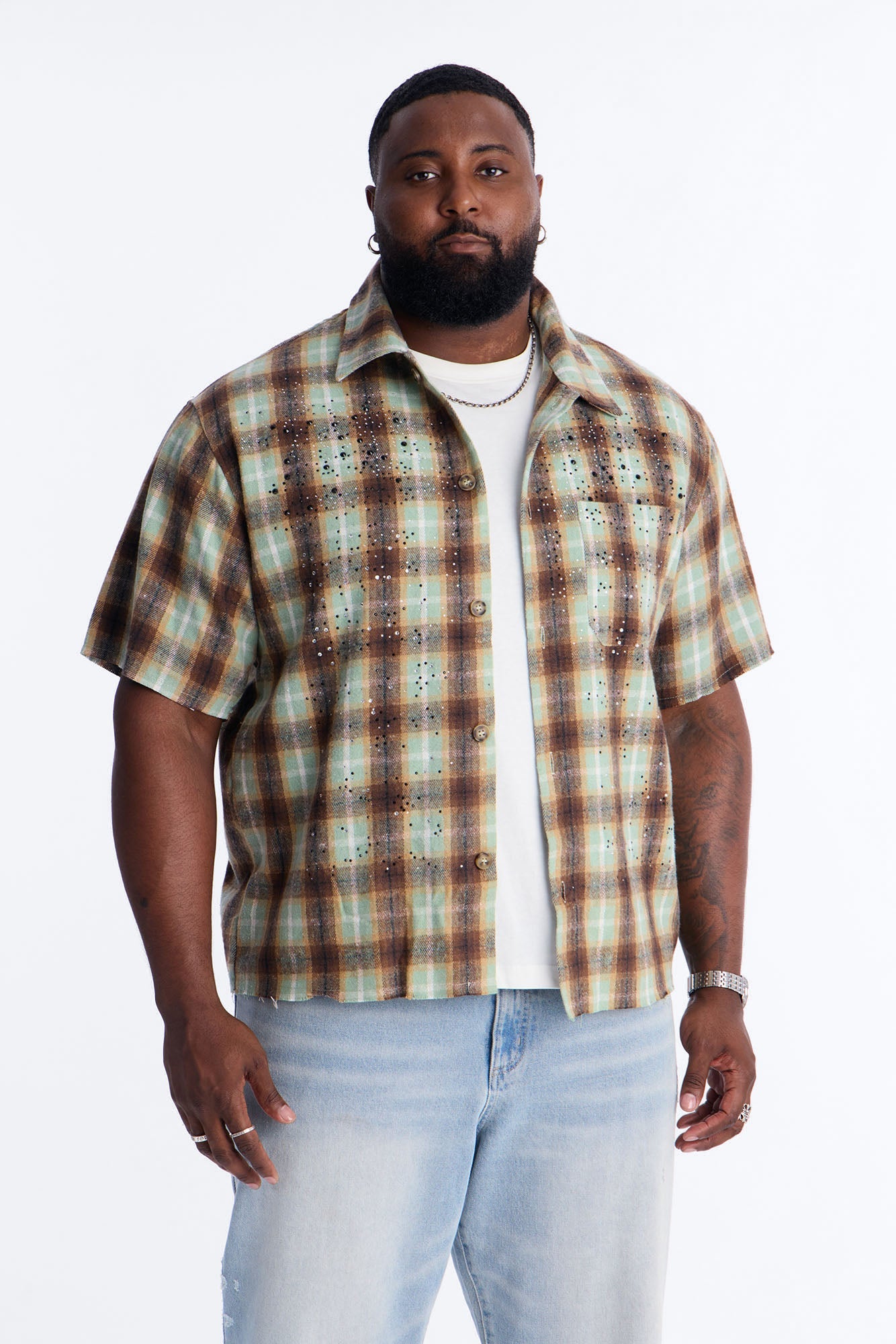 Jeweled Plaid Raw Hem Button Up Shirt - Olive Fashion Nova