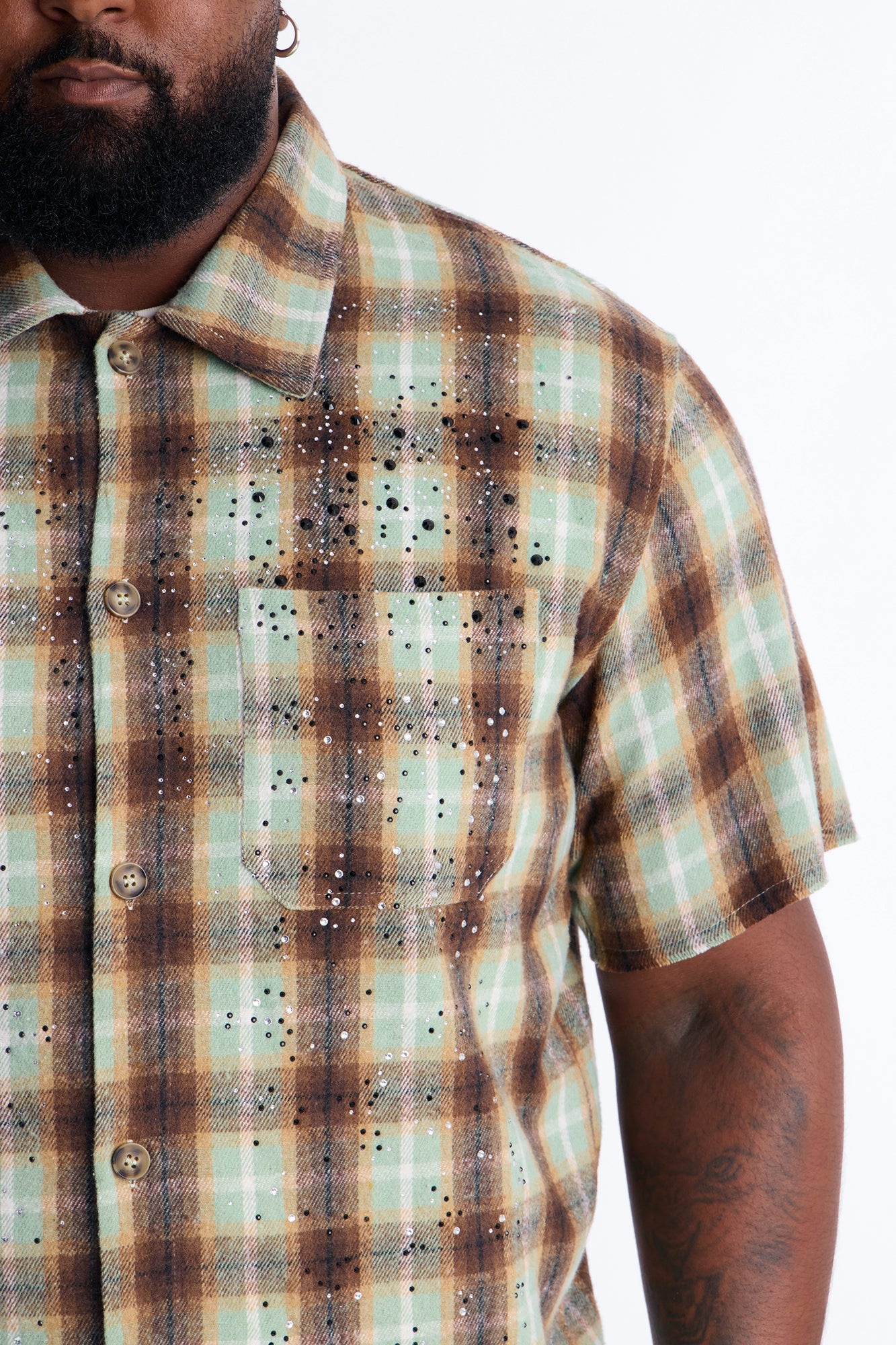 Jeweled Plaid Raw Hem Button Up Shirt - Olive Fashion Nova