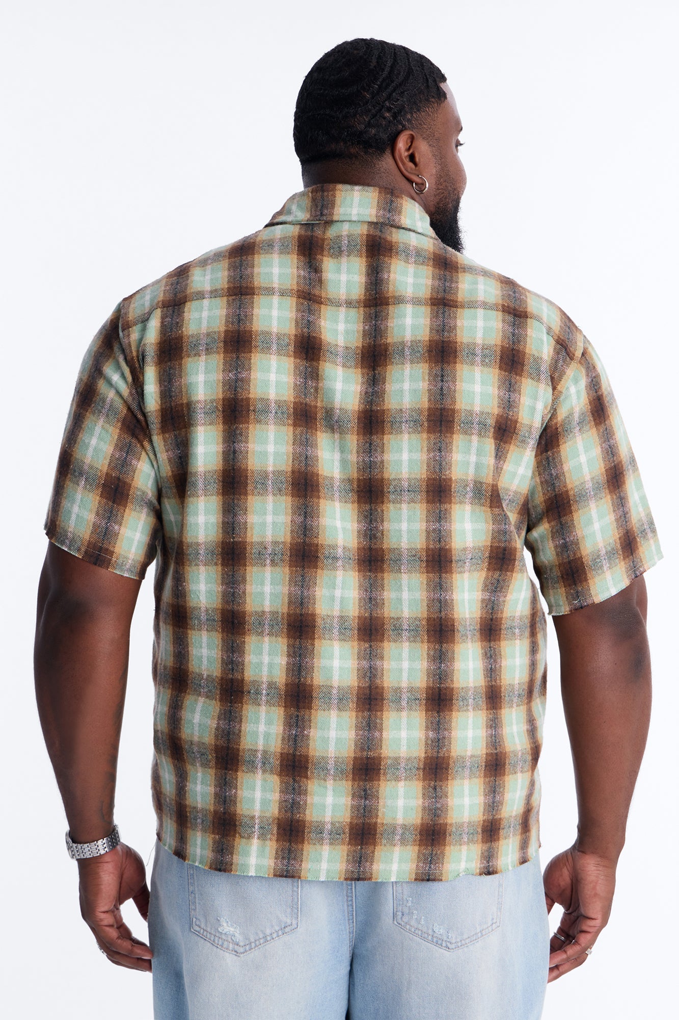 Jeweled Plaid Raw Hem Button Up Shirt - Olive Fashion Nova