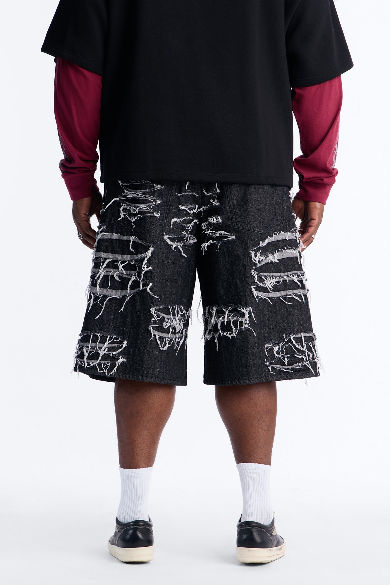 Baggy Jackson Fray Denim Short - Black Wash Fashion Nova