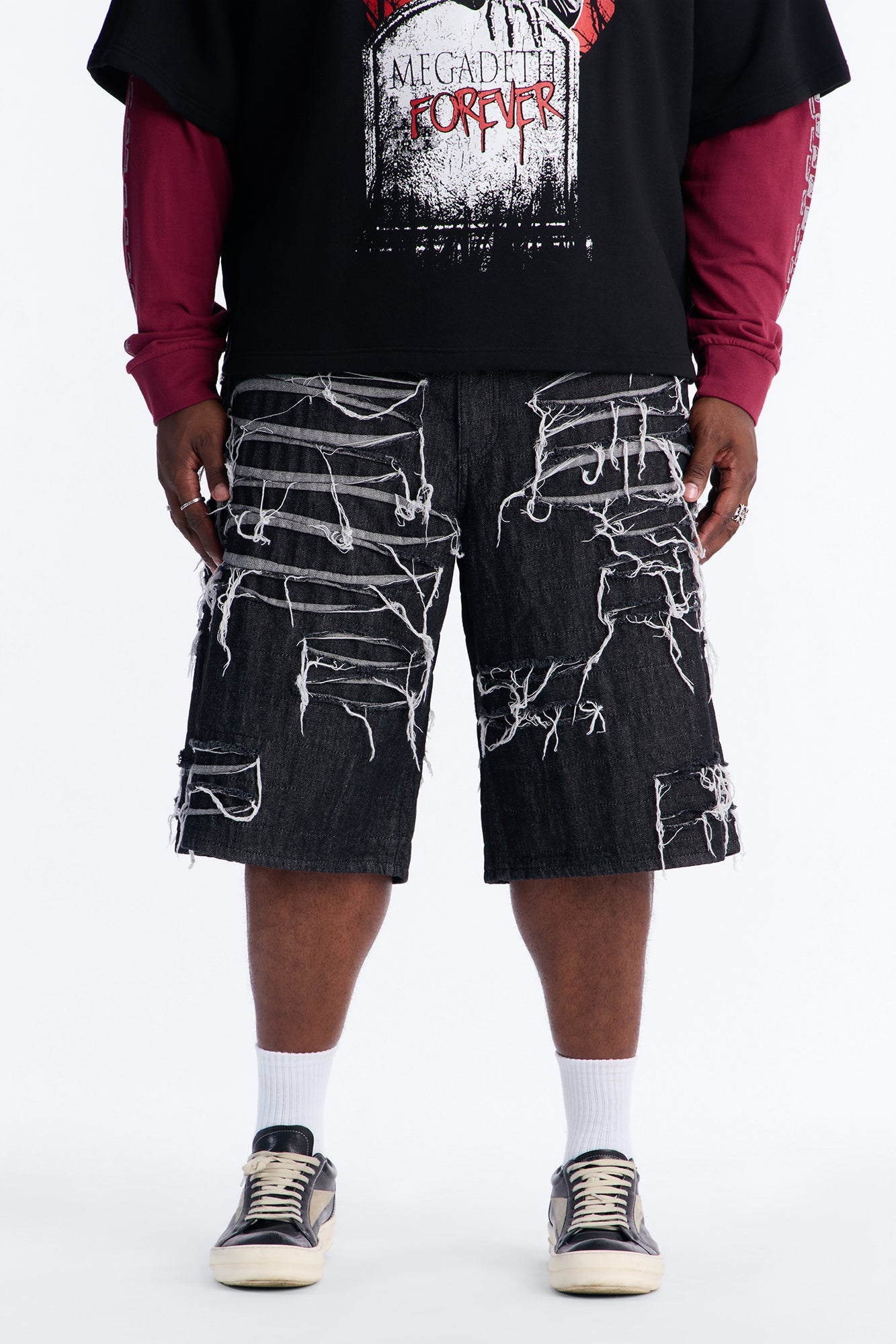 Baggy Jackson Fray Denim Short - Black Wash Fashion Nova