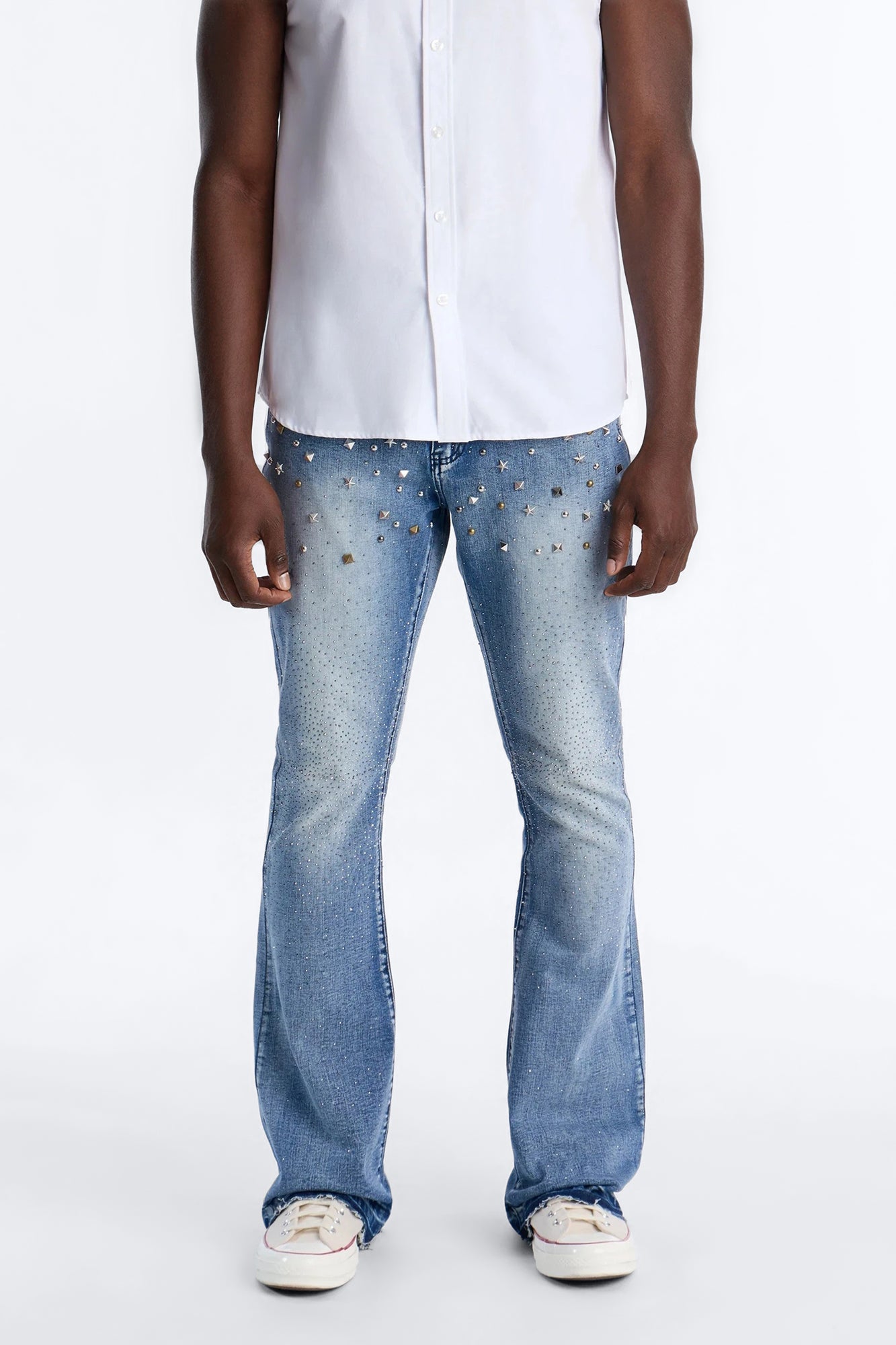 Stacked Skinny Flare Star Burst Jeans - Medium Blue Wash Fashion Nova