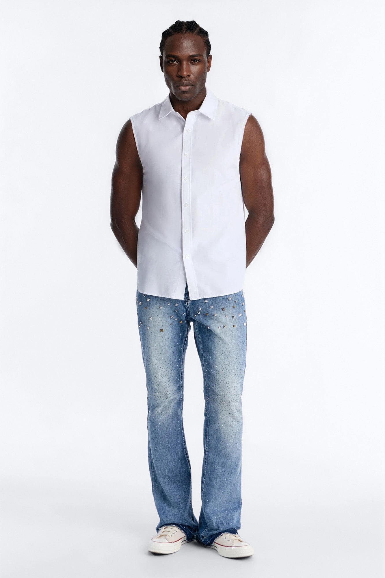 Stacked Skinny Flare Star Burst Jeans - Medium Blue Wash Fashion Nova