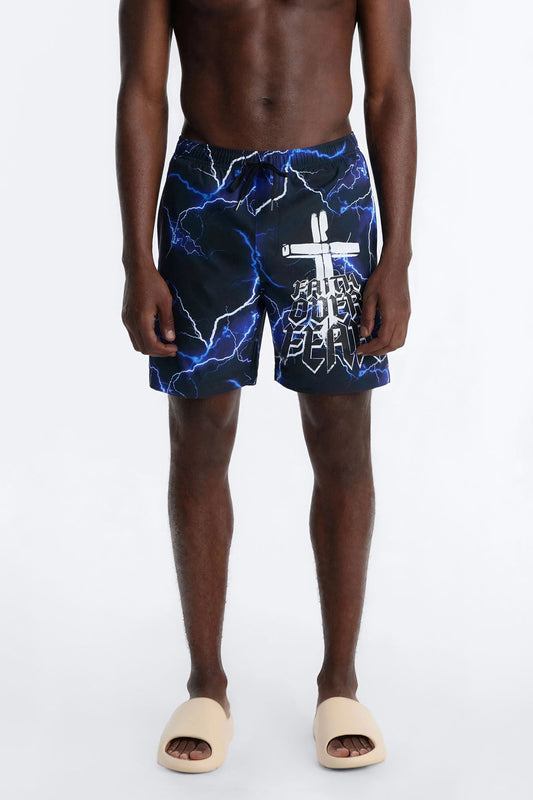 Faith Over Fear Swim Trunk 7″ - Black/Blue Fashion Nova