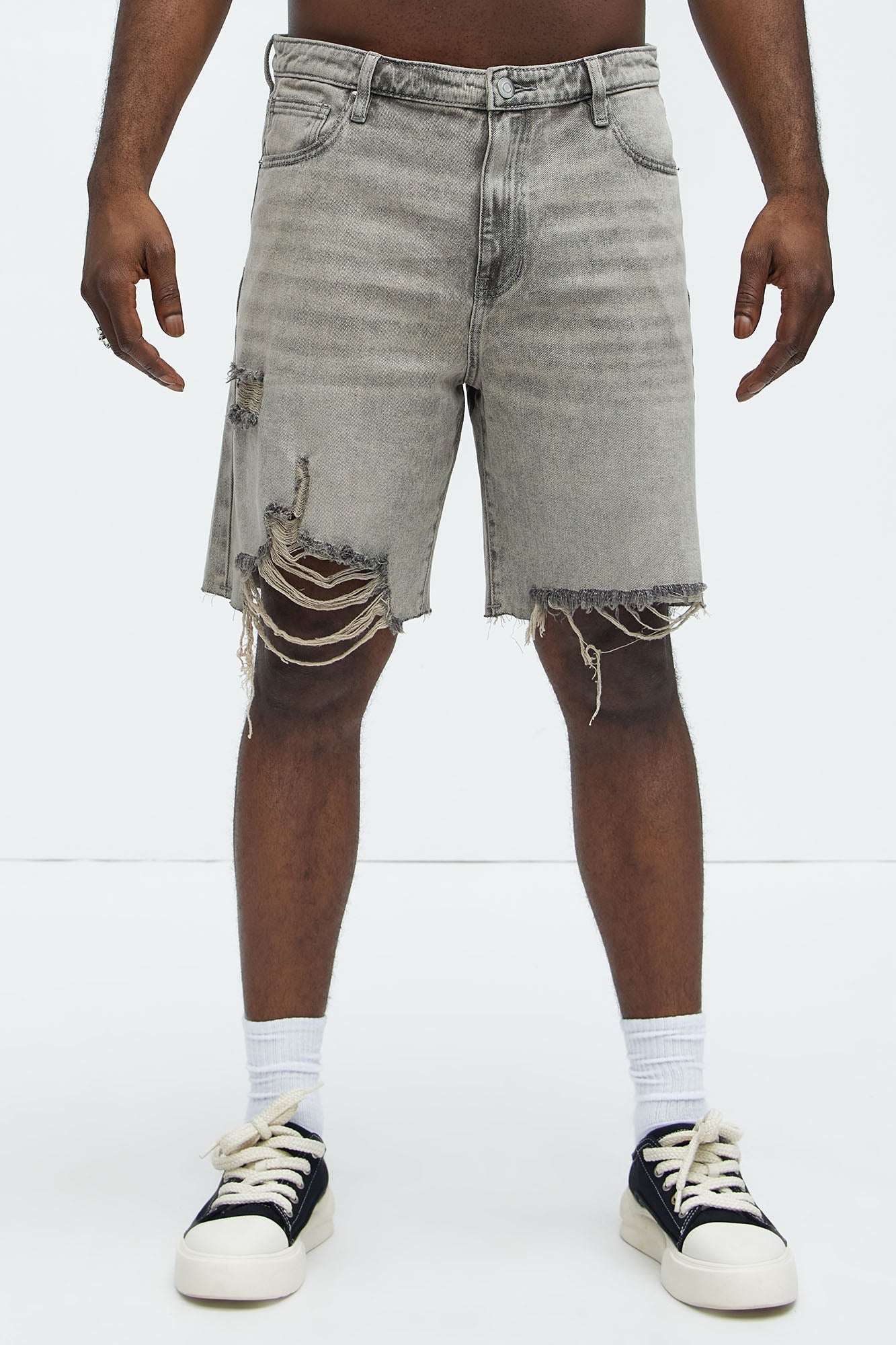 Relaxed Raw Hem Distressed Denim Shorts - Grey/Smoke Fashion Nova