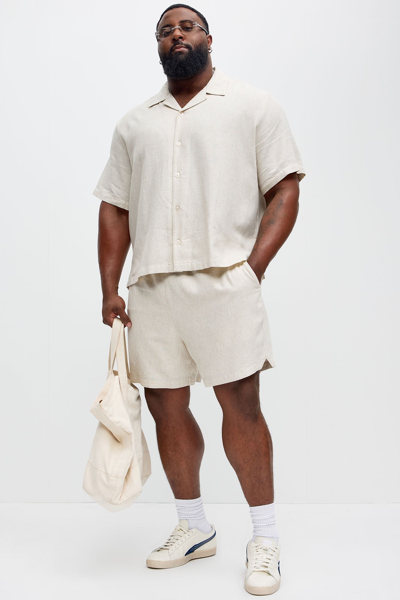 Twill Stripe Slim Button Up - Taupe Fashion Nova