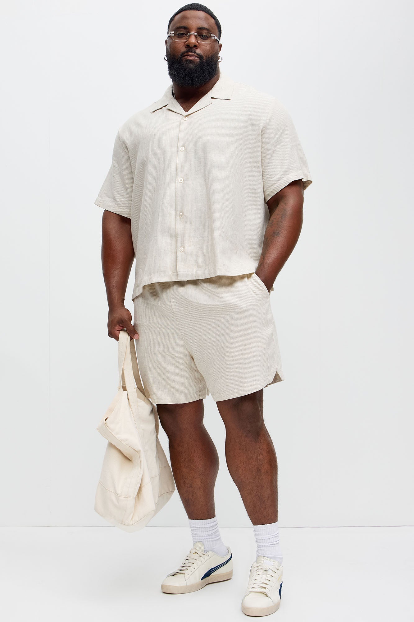 Twill Stripe Linen Shorts - Taupe/combo Fashion Nova