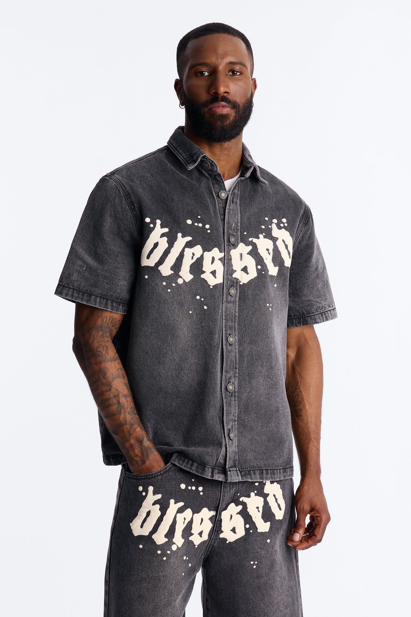 Been Blessed Denim Button Up Shirt - Black Wash Fashion Nova
