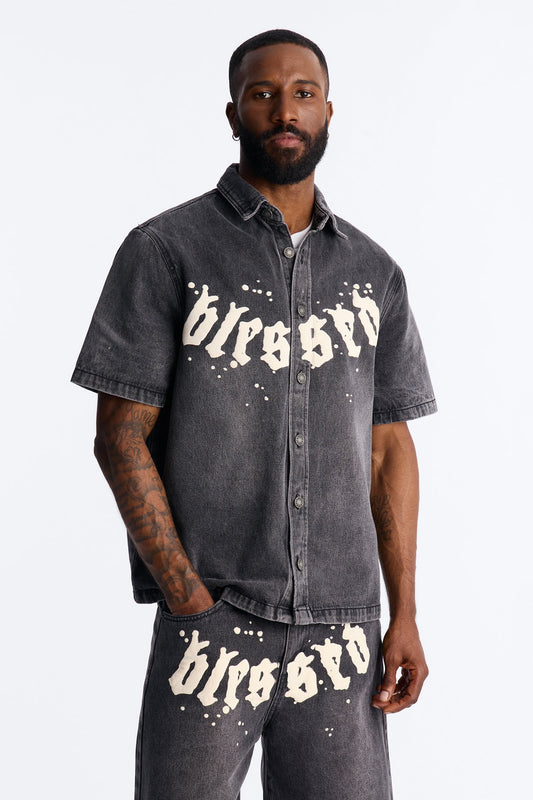 Been Blessed Denim Button Up Shirt - Black Wash Fashion Nova