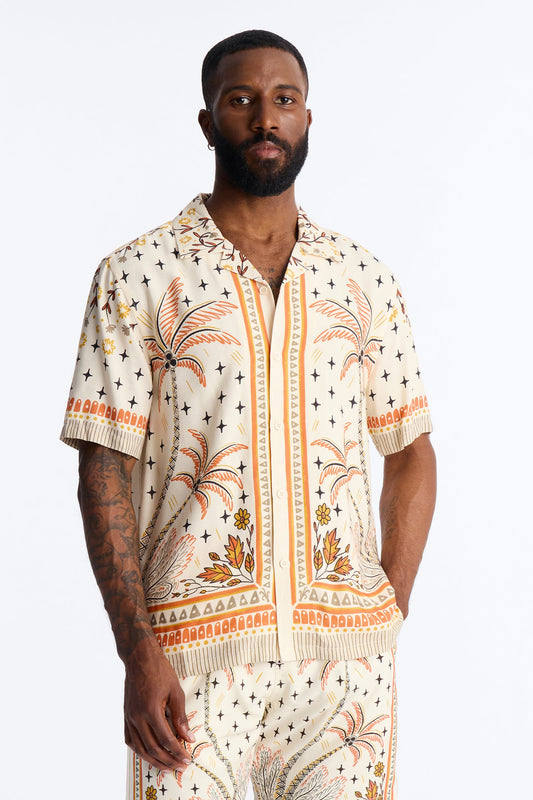 Tropical Twilight Resort Short Sleeve Cuban Collar Shirt - Off White Fashion Nova