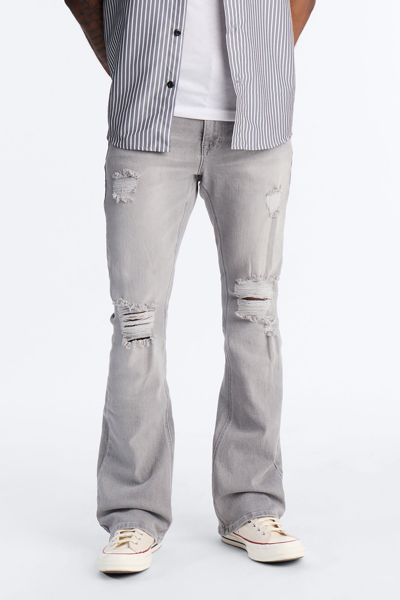 Essential Destroyed Stacked Slim Flare Stretch Jean - Grey Fashion Nova