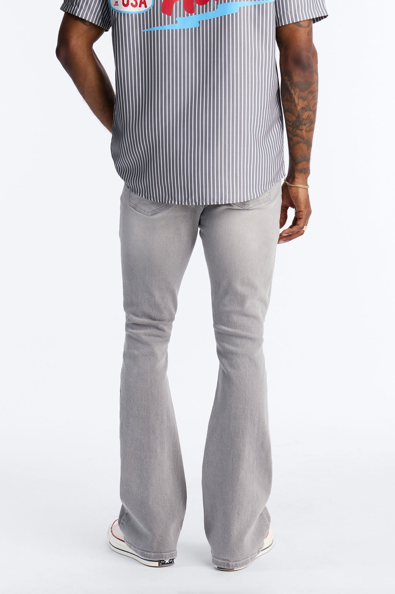 Essential Destroyed Stacked Slim Flare Stretch Jean - Grey Fashion Nova