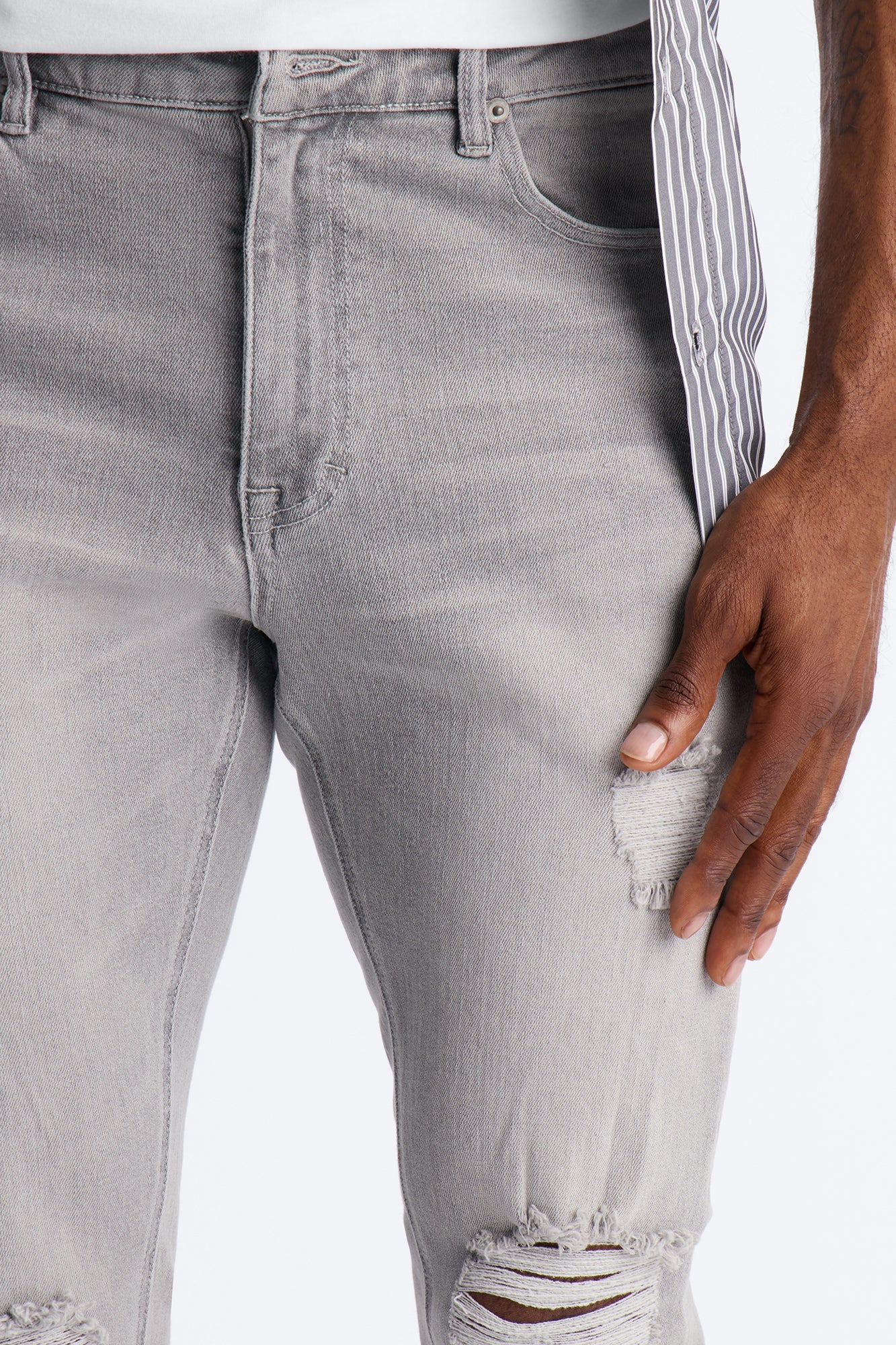 Essential Destroyed Stacked Slim Flare Stretch Jean - Grey Fashion Nova
