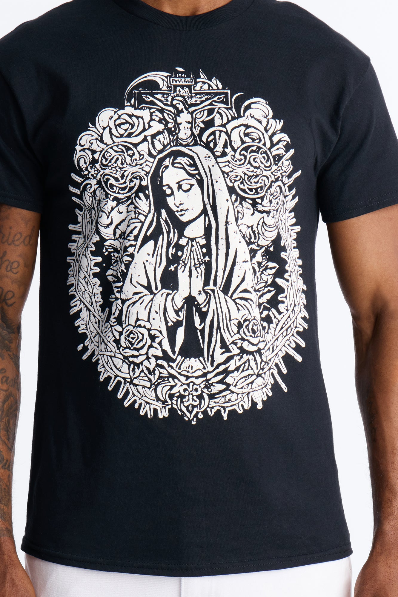 La Familia Mother Mary Short Sleeve Tee - Black Fashion Nova