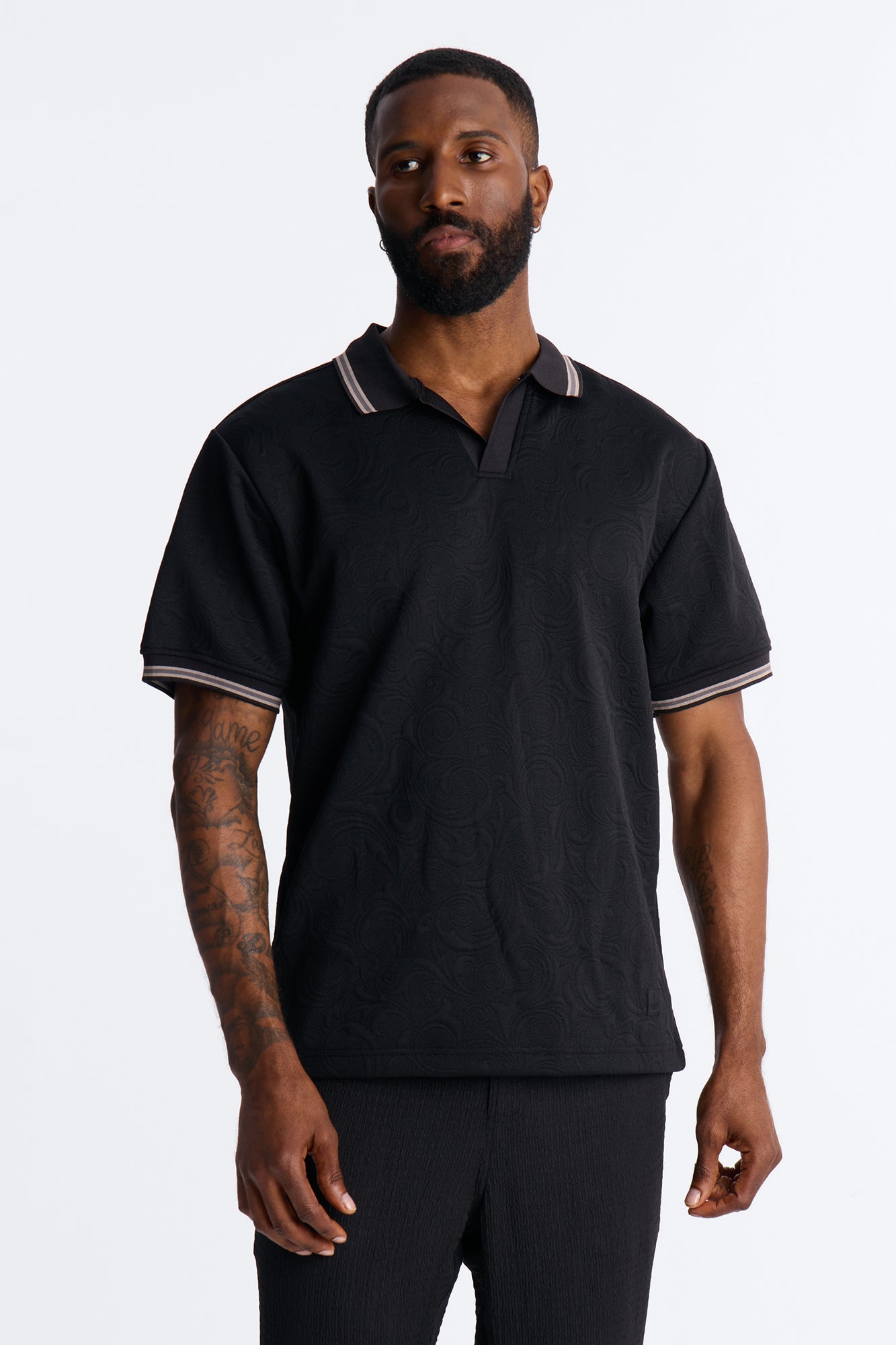 Saints Floral Johnny Collar Polo - Black Fashion Nova
