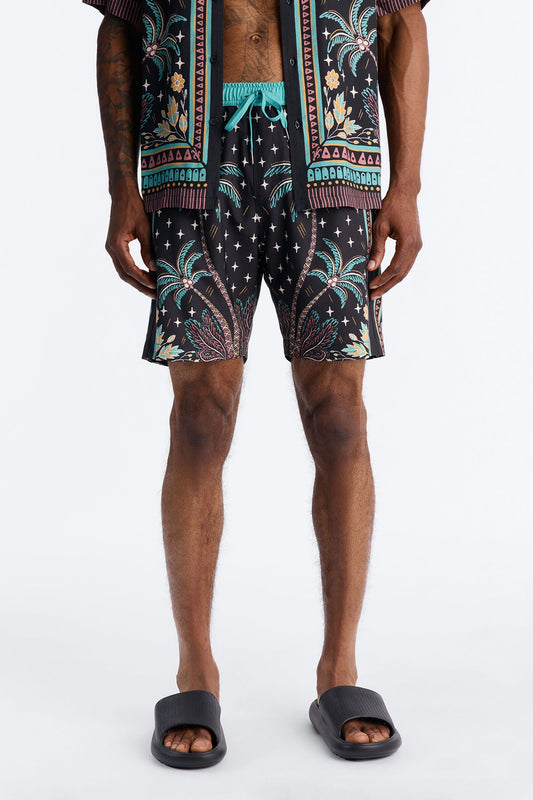 Tropical Twilight Resort Swim Trunk 7″ - Black Fashion Nova