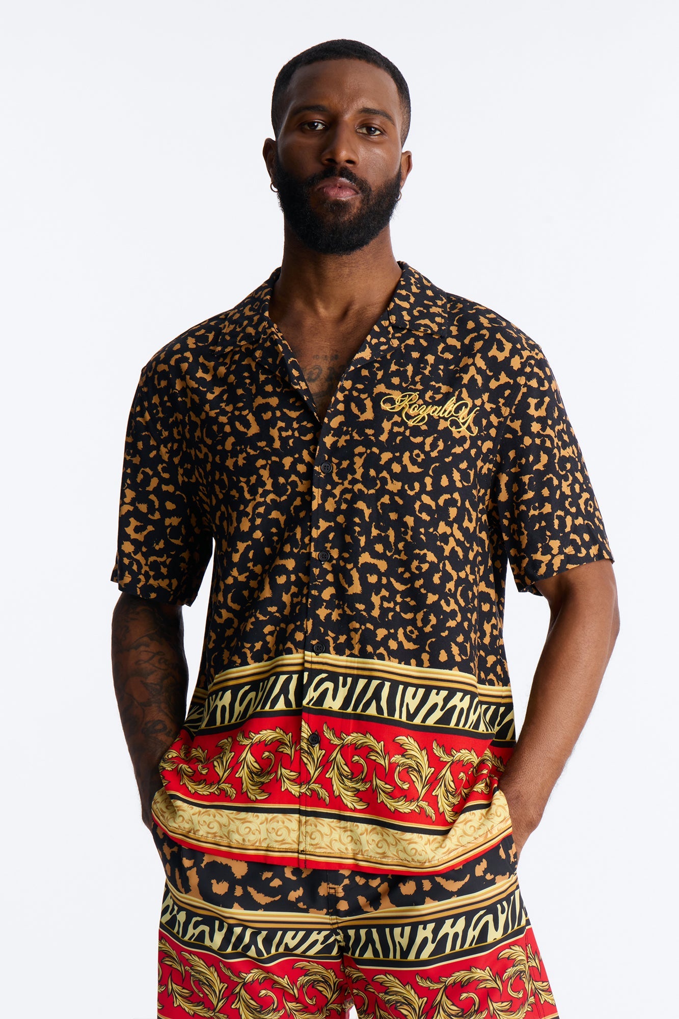 Animal Instincts Paneled Cuban Collar Short Sleeve Shirt - Leopard Fashion Nova
